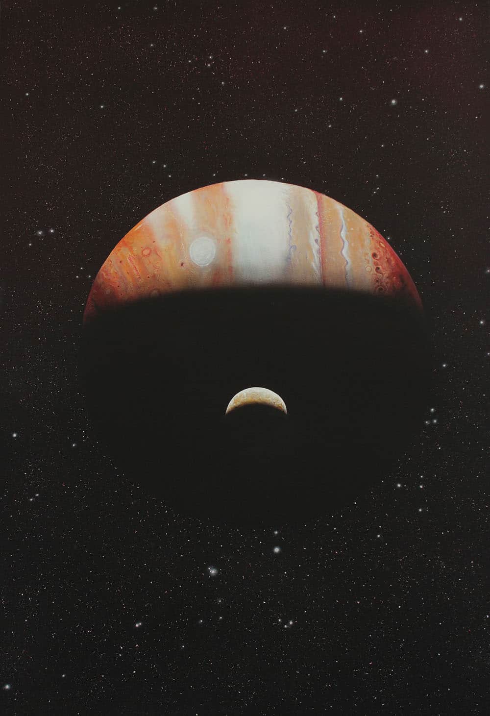 oeuvre d'art, astronomie, acrylique sur toile 116/81cm, david morel artiste, Jupiter en gros plan avec son satellite IO