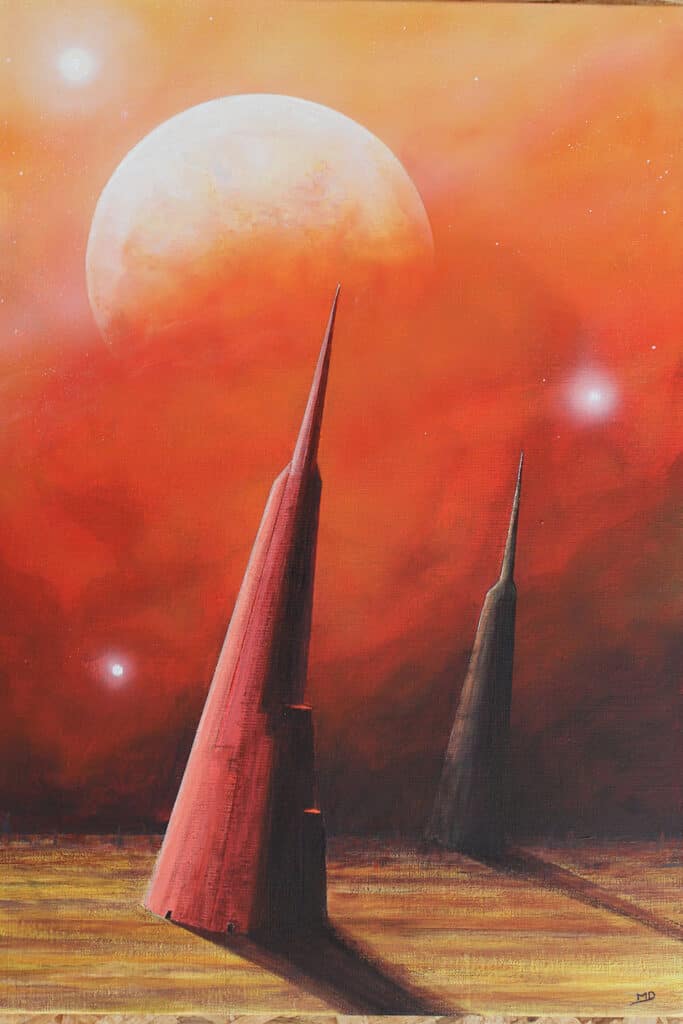 oeuvre d'art, science fiction, acrylique 38/55cm, david morel artiste, deux tours sur une exoplanète éclairées par une grosse lune sur un fond rougeâtre