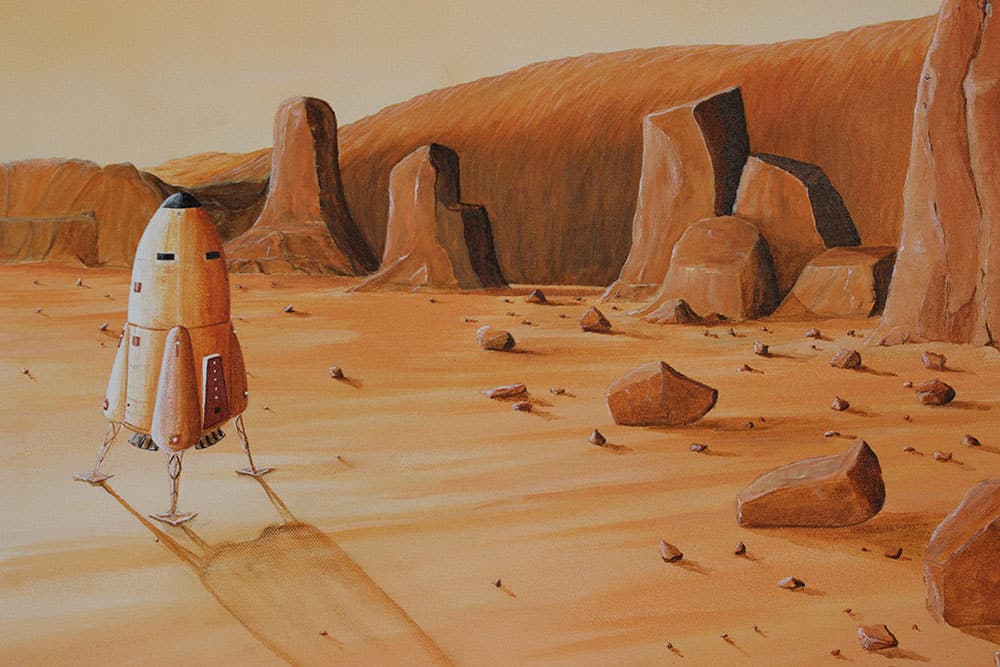 oeuvre d'art, science fiction, acrylique sur toile 116/73cm, david morel artiste, fusée posée sur le sol martien avec des roches autours