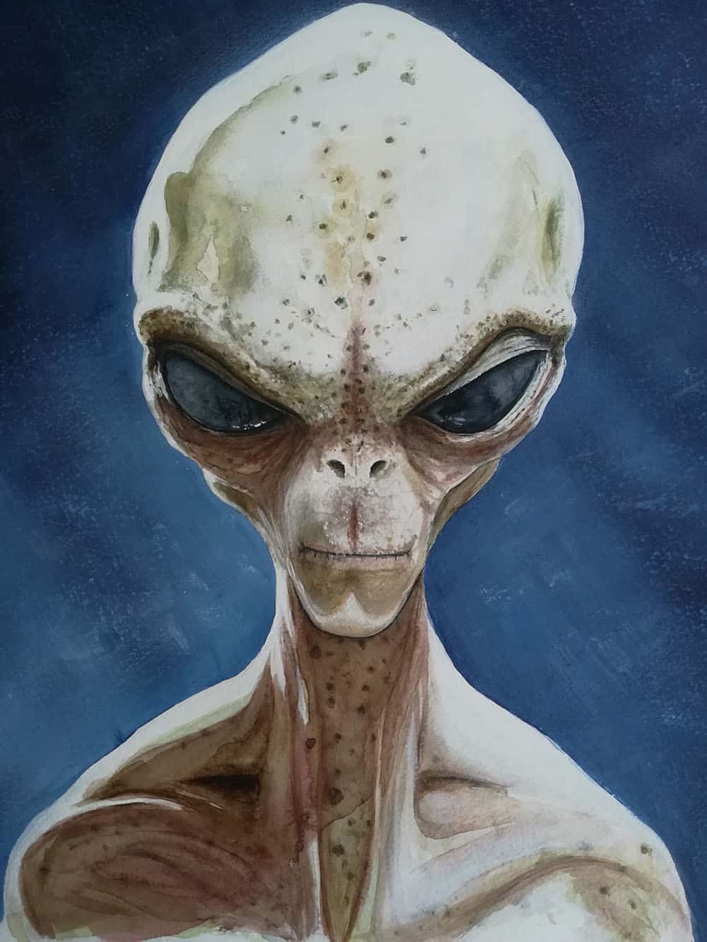 Œuvre d'art, science fiction, acrylique aquarelle sur papier A3, david morel artiste, portrait d'un alien chauve avec des gros yeux sur un fond bleu