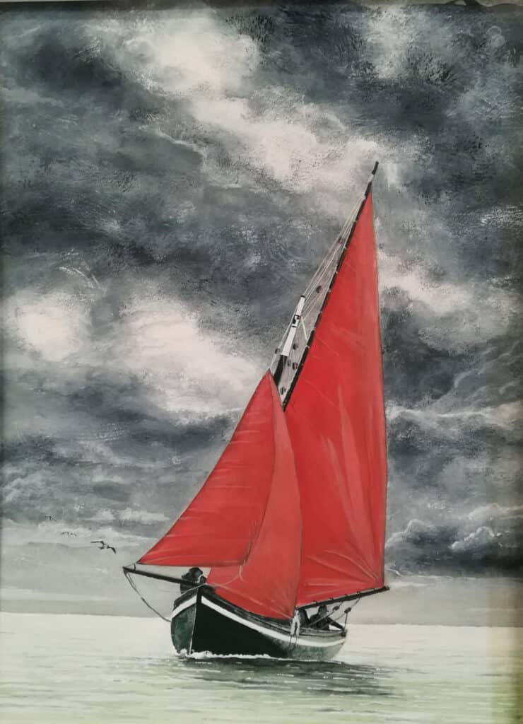 Oeuvre d'art, marine, gouache sur papier A3, david morel artiste, cotre breton revenant de la pêche avec de gros nuage noire, peintre officiel de la marine, Marin Marie, Roger Chapelet, Dinan, peintre Dinan, peintre Dinard, peintre Staint Malo ,Morel David, davidmorelartiste.fr