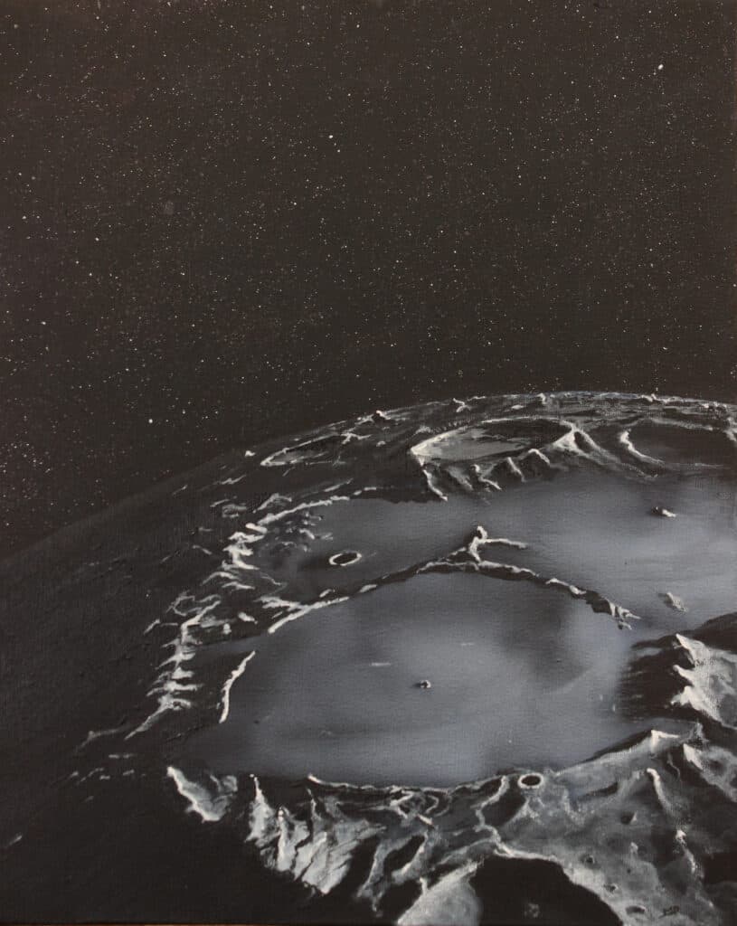 œuvre d'art, astronomie, acrylique sur toile 41/33cm, david morel artiste, gros plan sur une lune sur fond d'espace