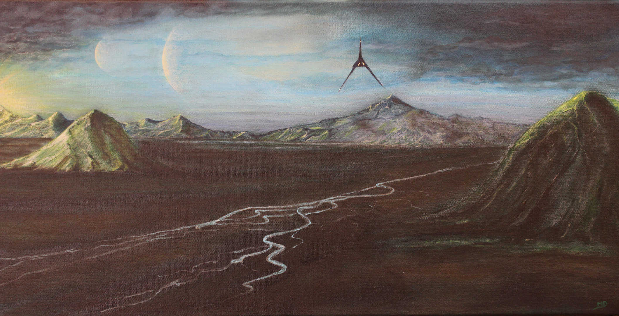 Œuvre d'art, science fiction, acrylique sur toile 30/60cm, david morel artiste, vaisseau de l'empire qui arrive sur une planète agricole avec vue sur les montagnes