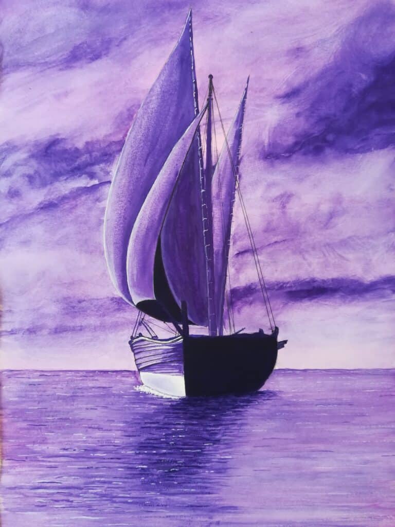 œuvre d'art, marine, gouache sur papier A3, david morel artiste, ancien voilier de face avec nuage , ambiance mauve, peintre officiel de la marine, Marin Marie, Roger Chapelet, Dinan, peintre Dinan, peintre Dinard, peintre Staint Malo ,Morel David, davidmorelartiste.fr