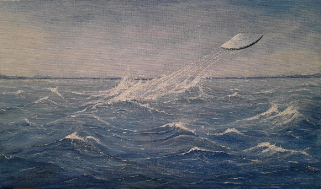 œuvre d'art, oani, ovni, marine, acrylique sur toile 46/27cm, david morel artiste, peintre officiel de la marine, Marin Marie, Roger Chapelet, Dinan, peintre Dinan, peintre Dinard, peintre Staint Malo ,Morel David, davidmorelartiste.fr