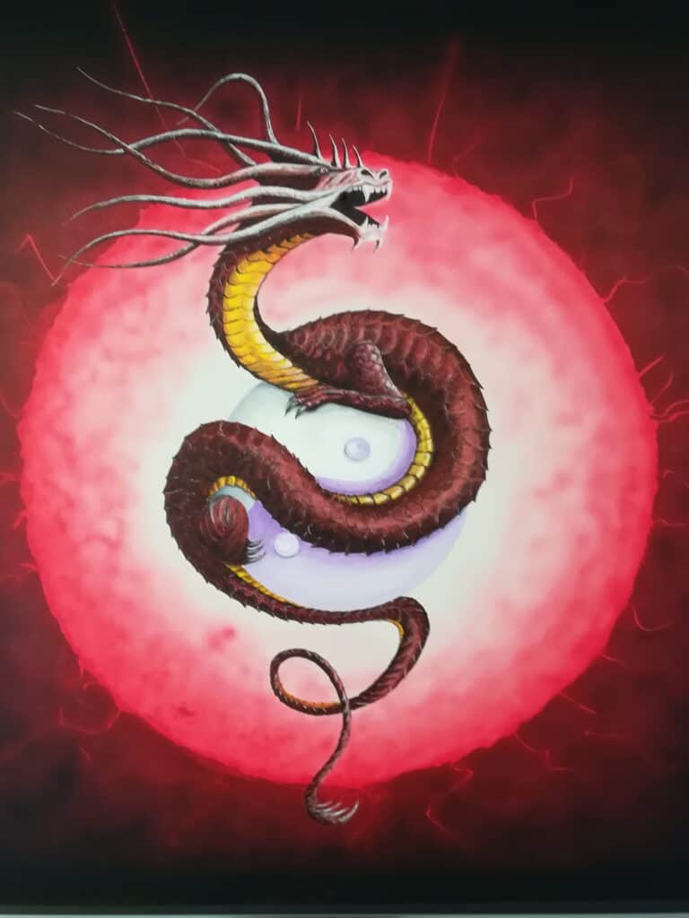 œuvre d'art, fantastique, acrylique sur bois, david morel artiste, dragon enroulé sur une sphère ying yang avec un soleil en fond