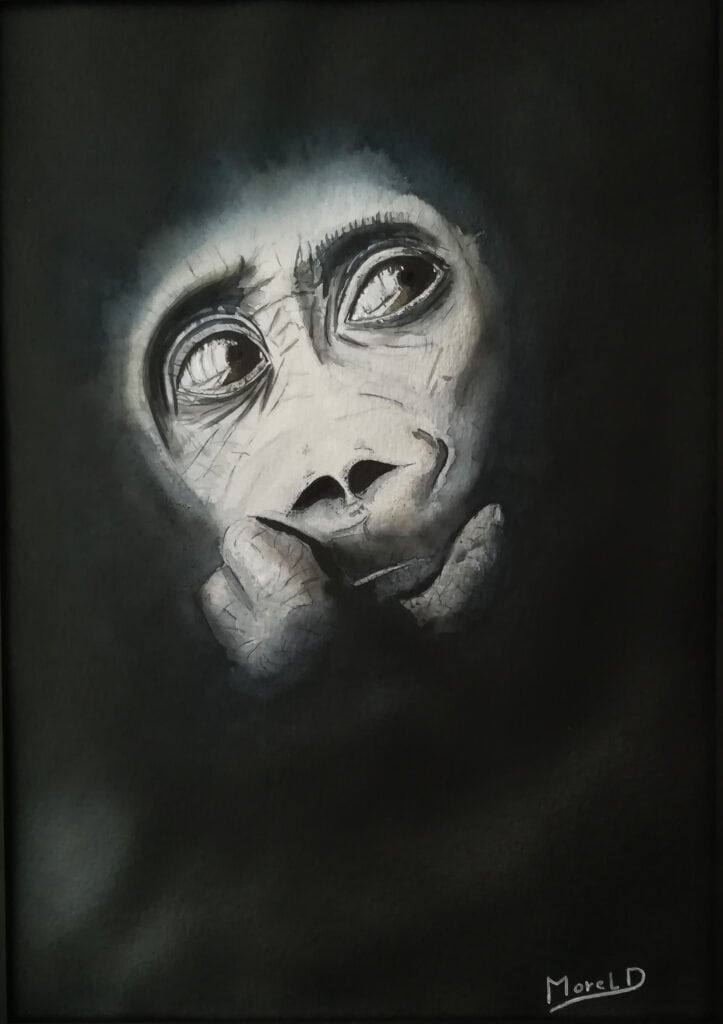 œuvre d'art, animalier, acrylique sur papier A4, david morel artiste, portrait d'un bébé gorille sur fond noir