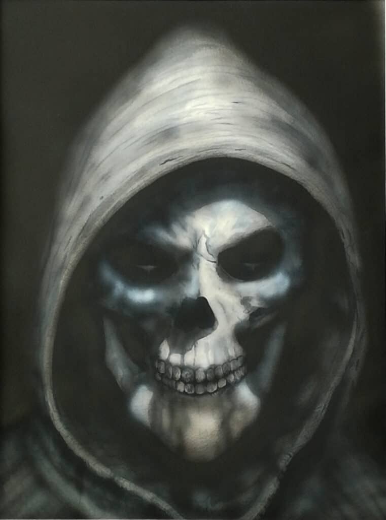 œuvre d'art, morbide, acrylique sur papier A3, david morel artiste, tête de mort dans une capuche sur fond noir