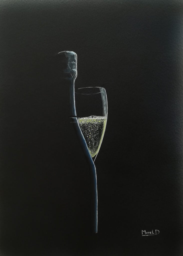 œuvre d'art, Acrylique sur papier A4, david morel artiste, une bouteille de champagne dans la pénombre avec un verre rempli à la moitié