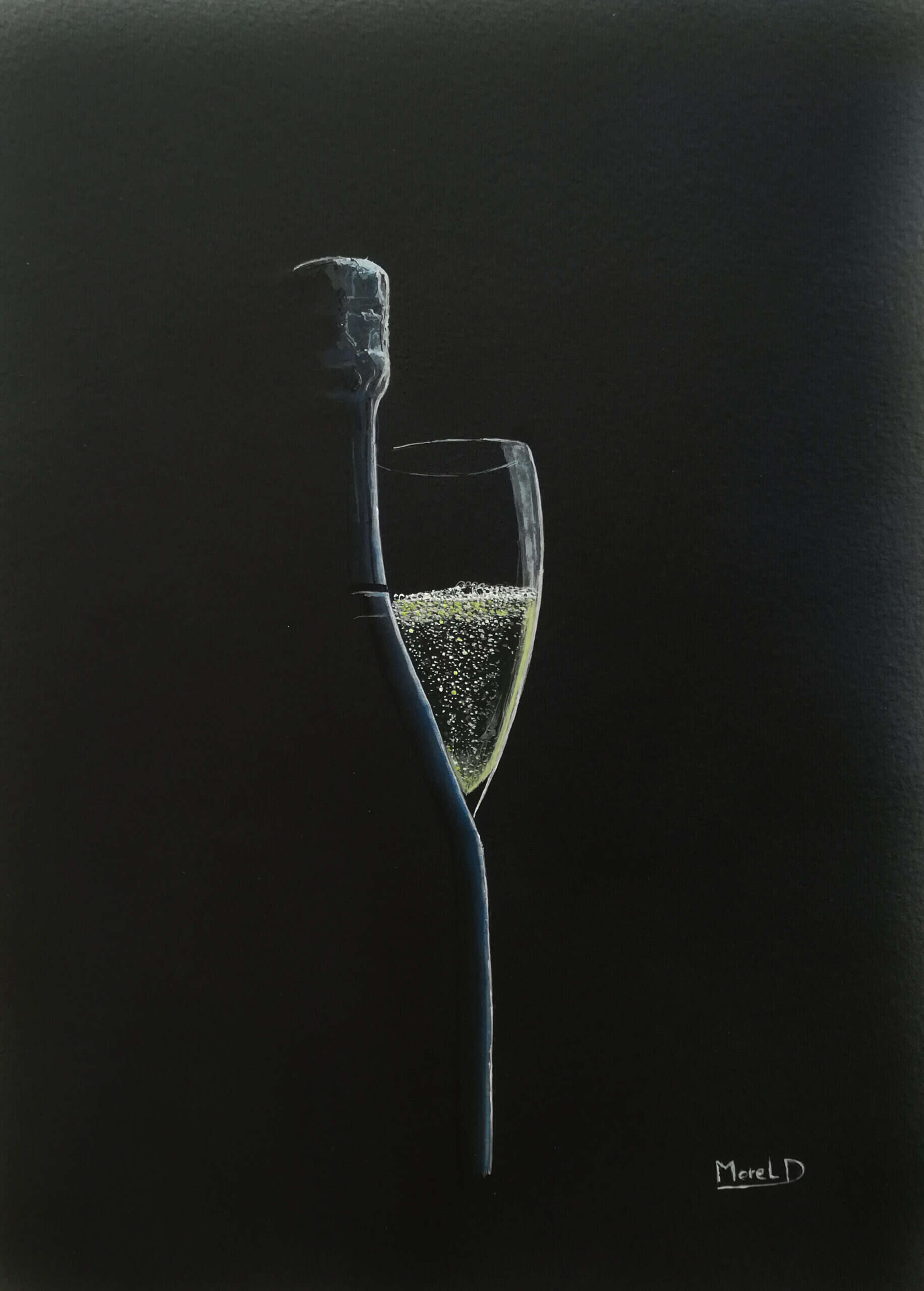 œuvre d'art, Acrylique sur papier A4, david morel artiste, une bouteille de champagne dans la pénombre avec un verre rempli à la moitié