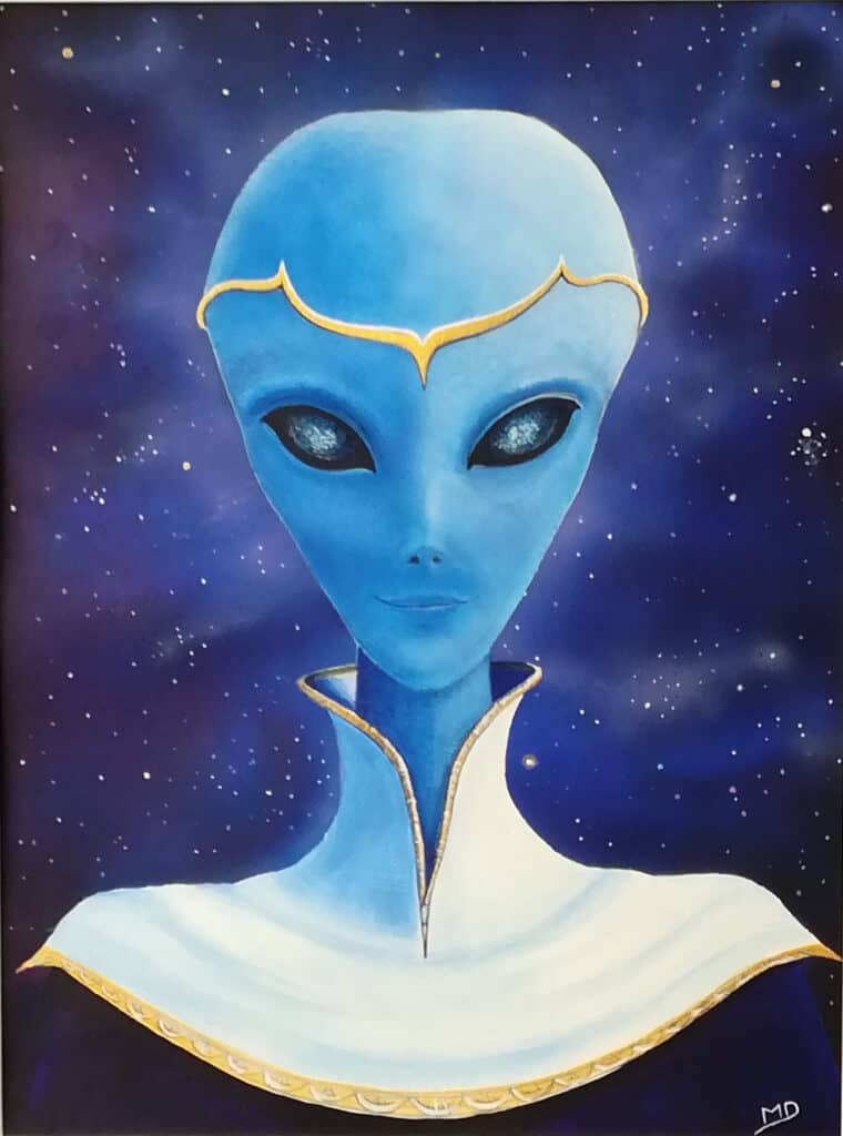 œuvre d'art, science-fiction, acrylique sur papier A3, david morel artiste, portrait d'une extraterrestre bleu