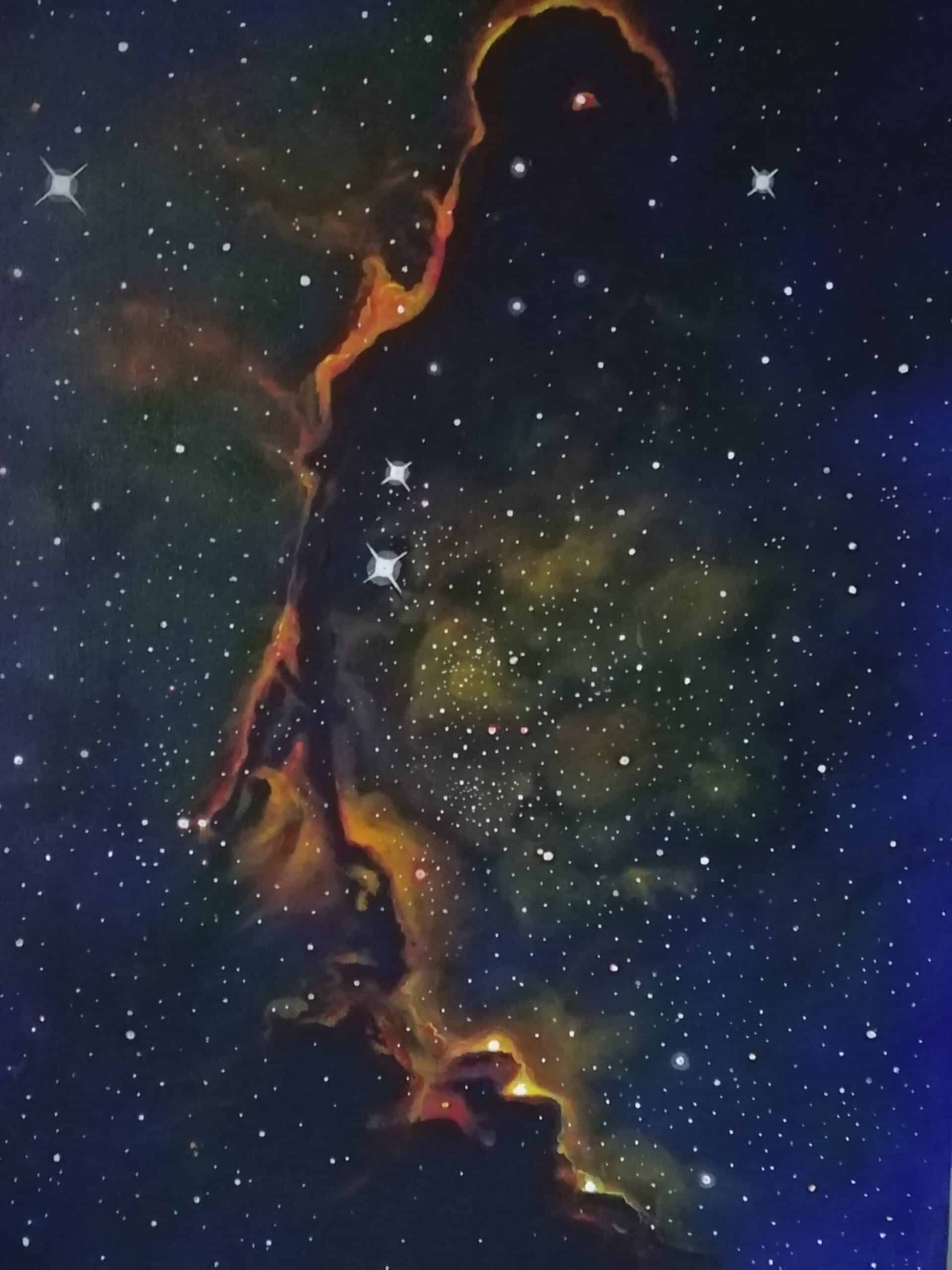œuvre d'art, astronomie,acrylique sur toile 46/61, david morel artiste, gros plan sur la constellation de l'éléphant
