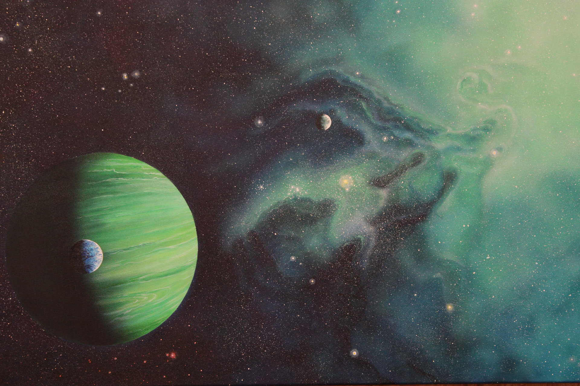 œuvre d'art, science fiction, Acrylique sur toile 116/73cm, david morel artiste, planète vert avec une lune bleu sur fond espace bleu vert
