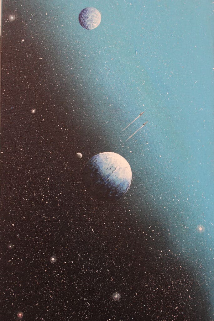 œuvre d'art, science fiction, acrylique sur toile 26/47cm, david morel artiste, deux planètes sur fond d'espace et deux vaisseaux qui s'éloignent