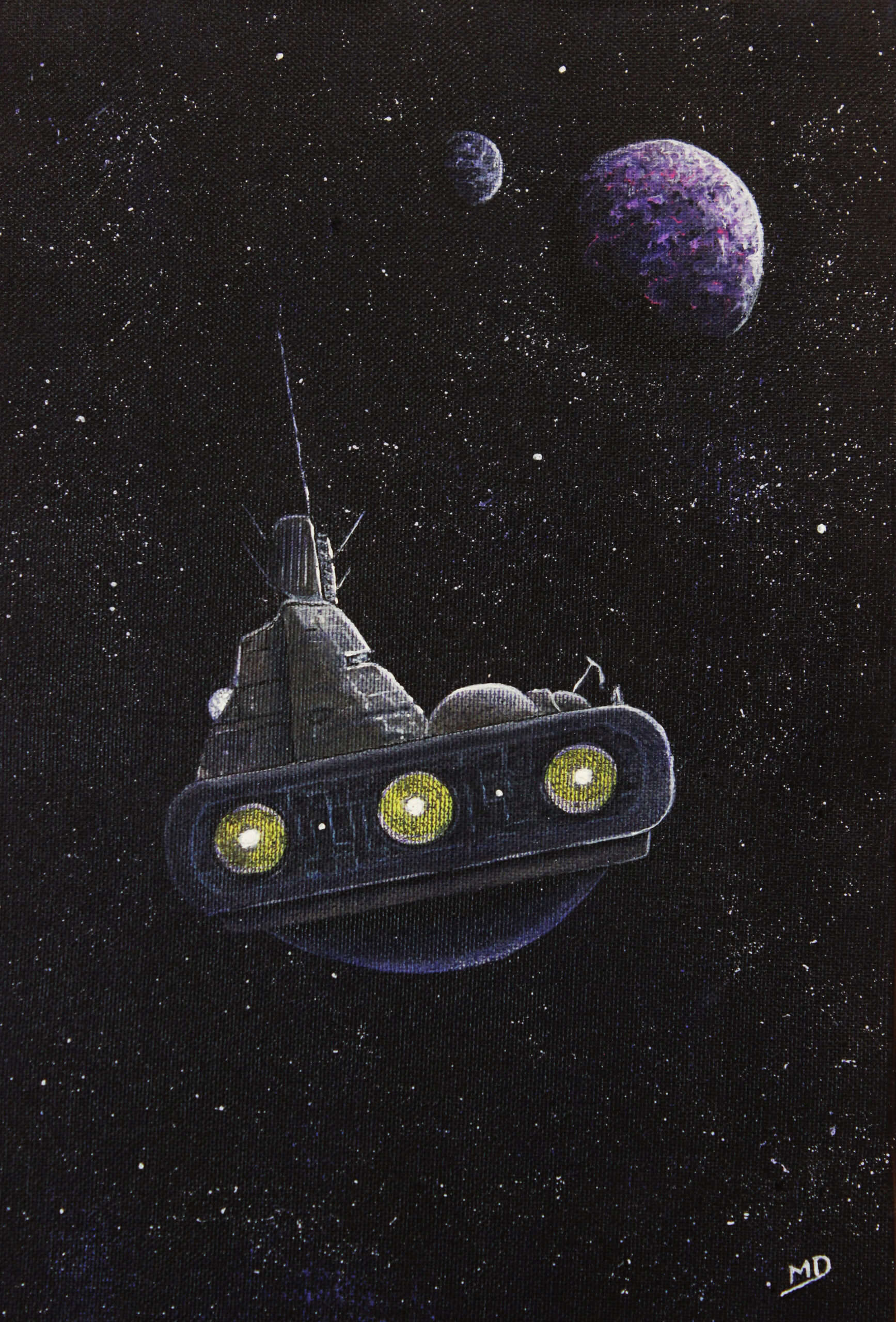 œuvre d'art, science fiction, acrylique sur toile 24/35cm,david morel artiste, un vaisseau en approche d'une planète vue de derrière