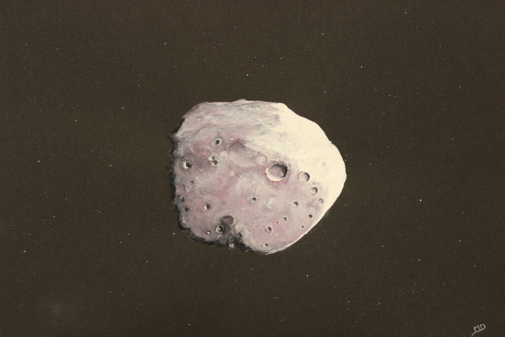 oeuvre d'art, astronomie, gouache sur papier A3, david morel artiste, astéroïde rond gris et parme