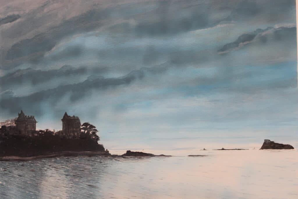œuvre d'art, marine, aquarelle acrylique sur papier, david morel artiste, vue sur la villa les roches brunes à Dinard la nuit tombante