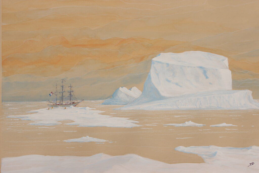 œuvre d'art, marine, gouache sur papier A3, david morel artiste, Le pourquoi pas ! au Groenland a l’arrêt sur la glace avec un gros iceberg