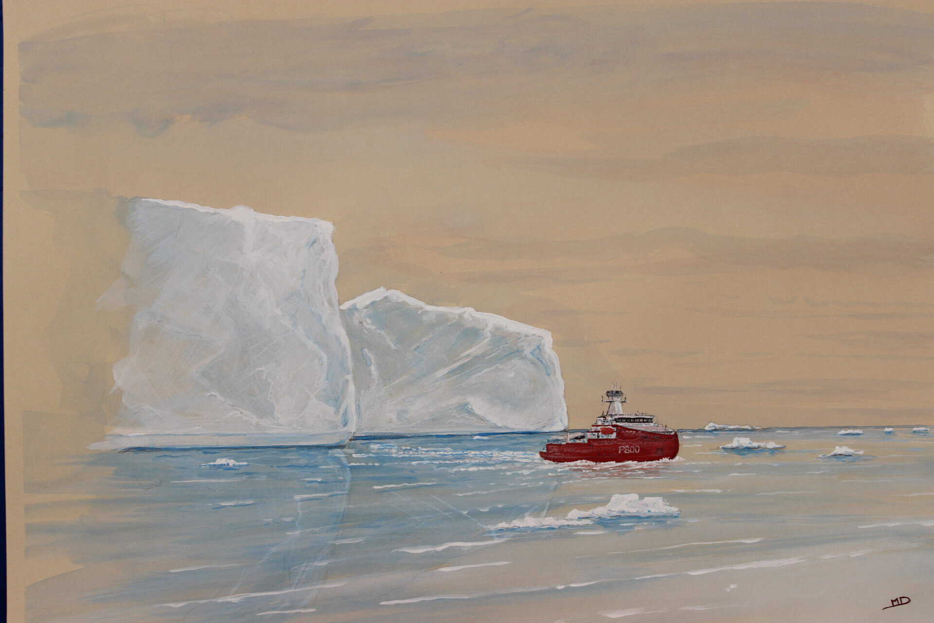 œuvre d'art, marine, gouache sur papier A3, david morel artiste, l'astrolabe P800 en antarctique avec iceberg