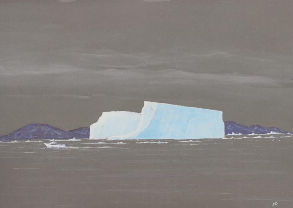 œuvre d'art, marine, gouache sur papier A3, david morel artiste, iceberg bleuté avec une vedette qui passe devant et des montagnes dans le fond, peintre officiel de la marine, Marin Marie, Roger Chapelet, Dinan, peintre Dinan, peintre Dinard, peintre Staint Malo ,Morel David, davidmorelartiste.fr