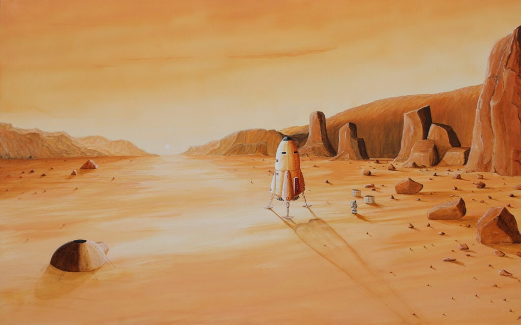 oeuvre d'art, science fiction, acrylique sur toile 116/73cm, david morel artiste, fusée posée sur le sol martien avec des roches autours