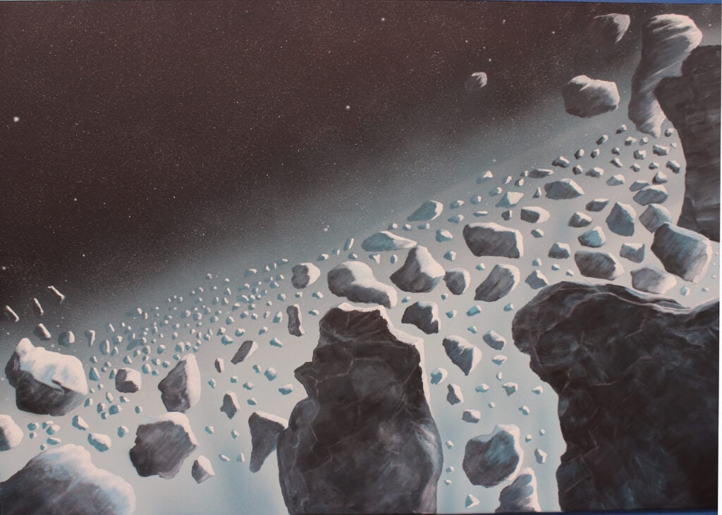 œuvre d'art, science fiction, acrylique sur toile 116/81cm, david morel artiste, champs d’astéroïde avec l'espace en fond