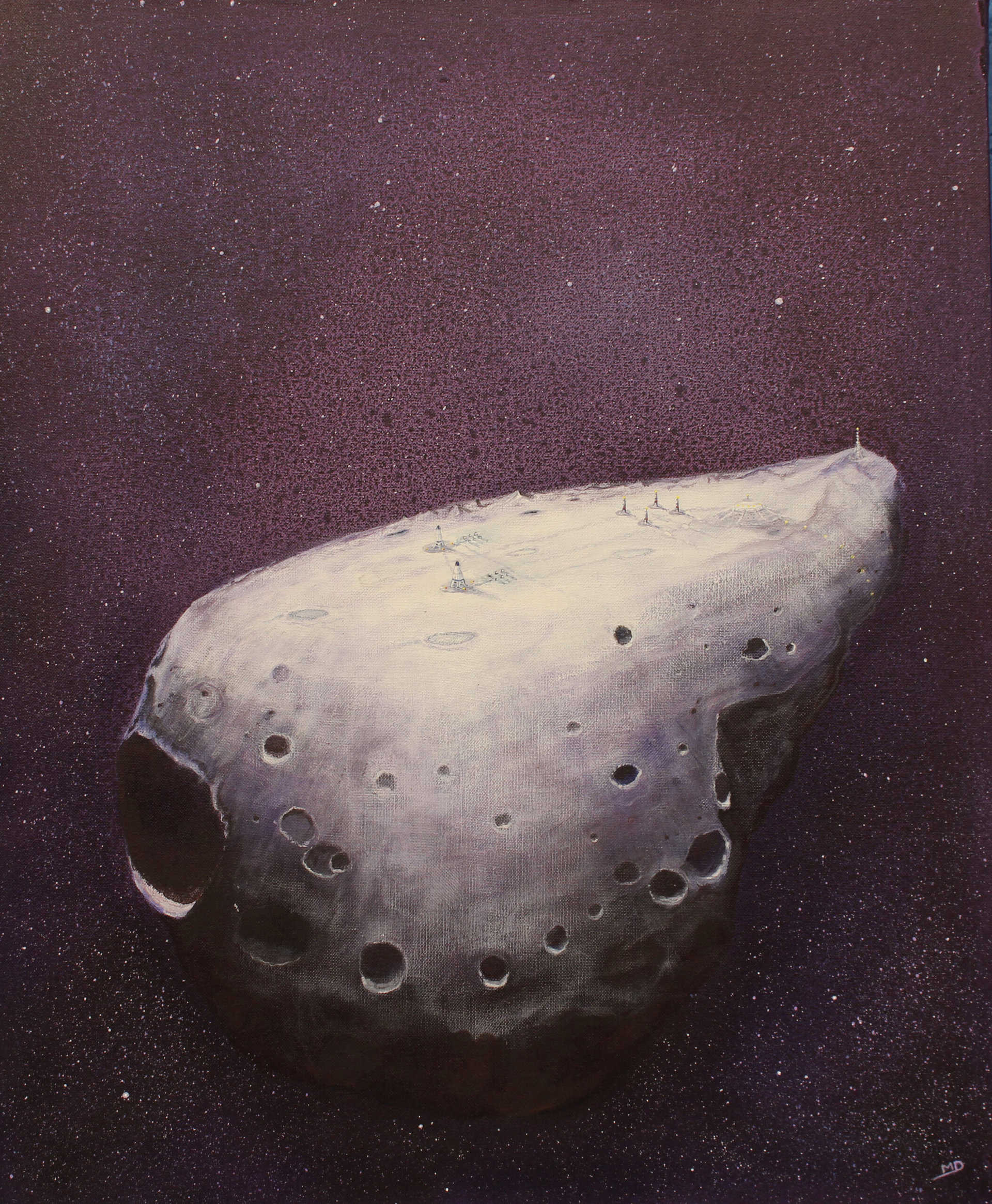 œuvre d'art, science-fiction, acrylique sur toile 50/61cm, david morel artiste, gros astéroïde avec une station dessus sur un fond d'espace violet
