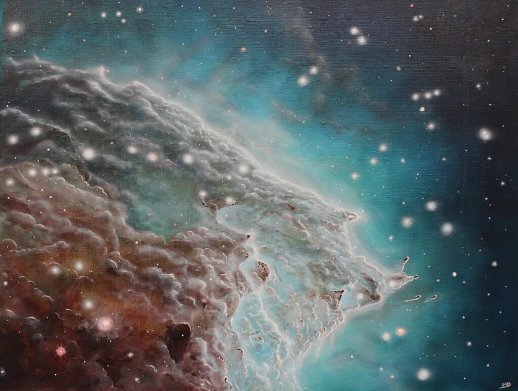 œuvre d'art, astronomie, acrylique sur toile, david morel artiste, acrylique sur toile 65/50, nébuleuse sur fond d'espace