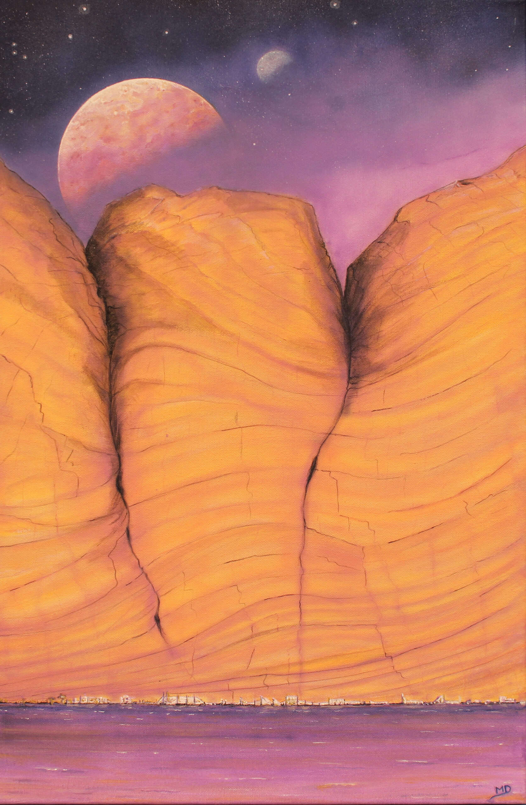 œuvre d'art, science fiction, acrylique sur toile 40/60cm, david morel artiste, falaise orange au bord de l'eau avec une planète et une lune dans le ciel étoilée