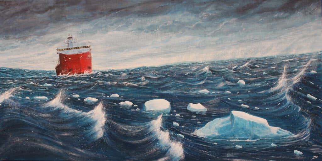 œuvre d'art, marine, acrylique sur toile 50/100cm, david morel artiste, l'astrolabe P800 sur une forte mer avec des blocs de glace en premier plan, peintre officiel de la marine, Marin Marie, Roger Chapelet, Dinan, peintre Dinan, peintre Dinard, peintre Staint Malo ,Morel David, davidmorelartiste.fr