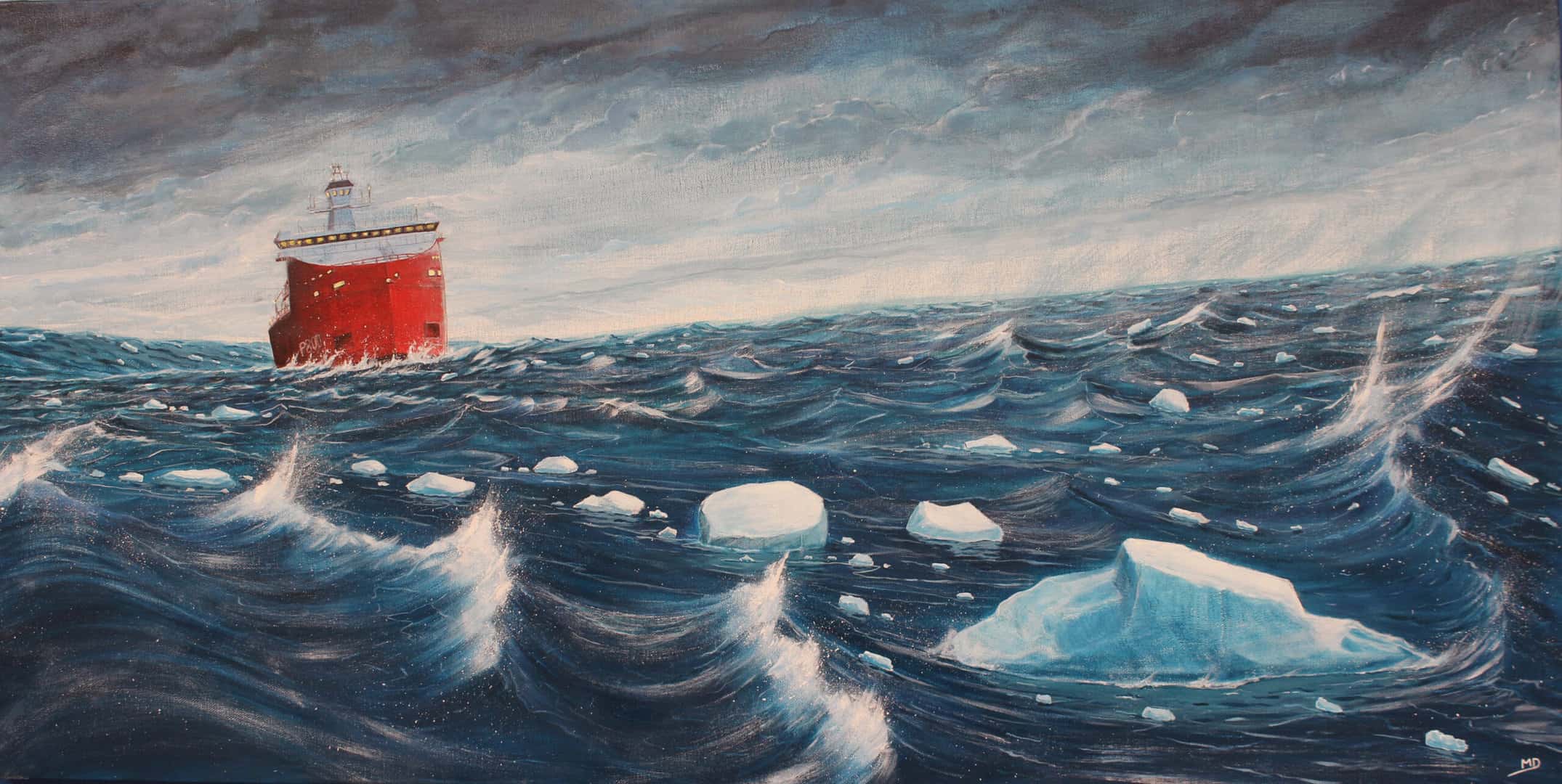 œuvre d'art, marine, acrylique sur toile 50/100cm, david morel artiste, l'astrolabe P800 sur une forte mer avec des blocs de glace en premier plan