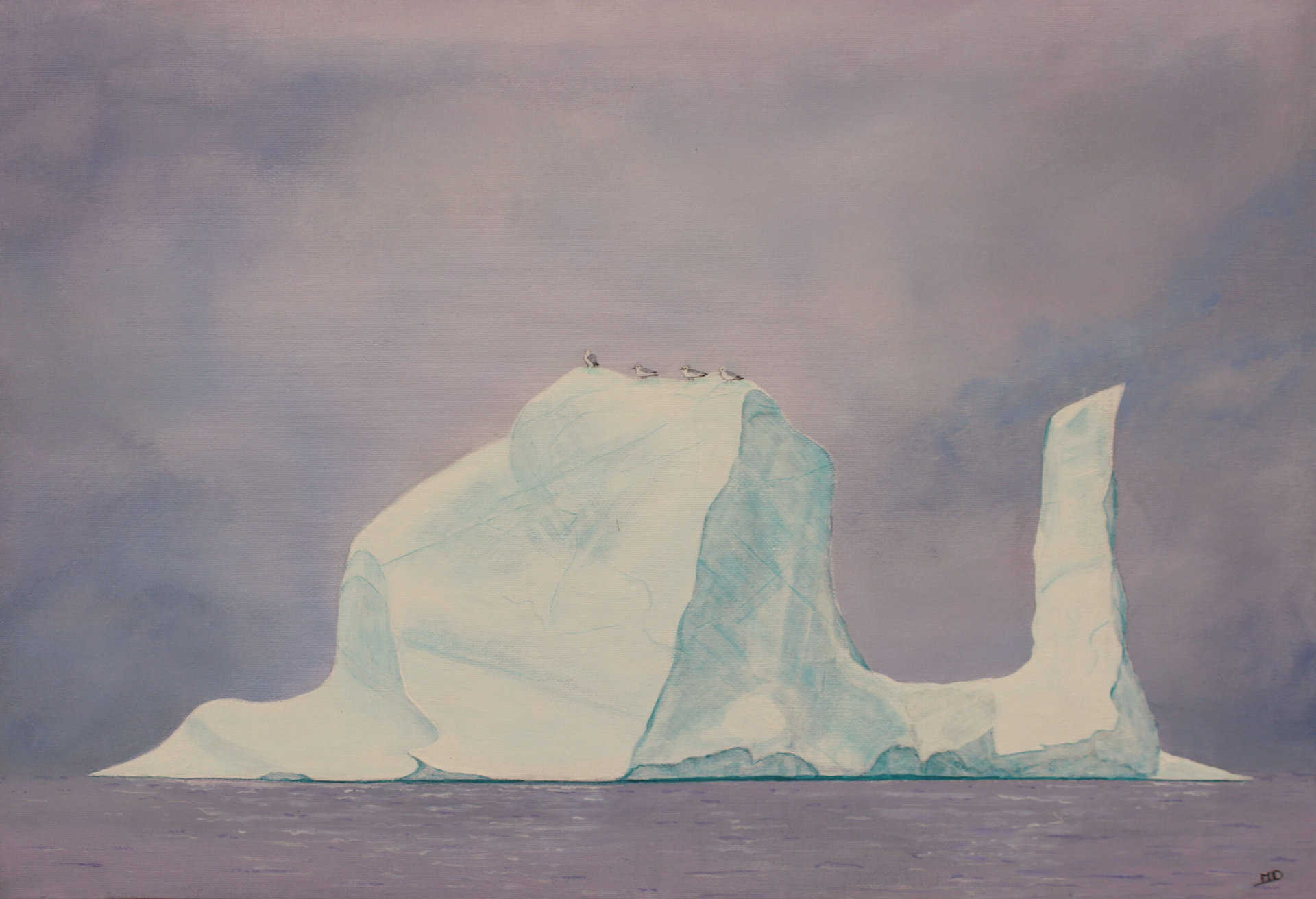 œuvre d'art, marine, acrylique sur toile 55/38cm, david morel artiste, un gros iceberg avec quatre mouettes dessus