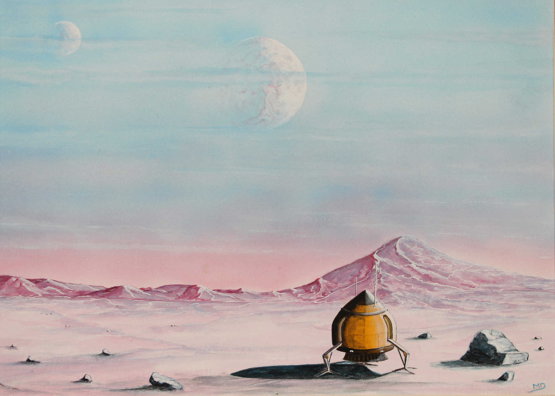 oeuvre d'art, science-fiction, aquarelle acrylique sur papier A3, david morel artiste, un petit vaisseau posé sur une planète rocheuse avec deux lunes dans le ciel
