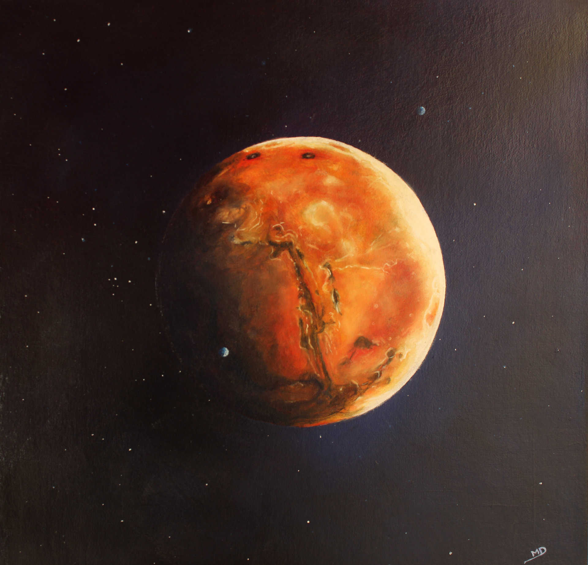 œuvre d'art, astronomie, huile sur toile 40/40cm, david morel artiste, planète mars avec ses satellites