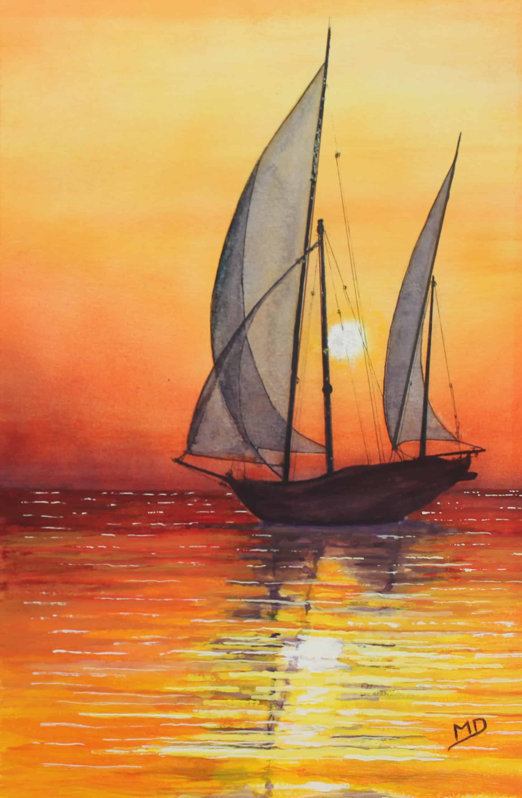 œuvre d'art, marine, acrylique sur papier A4, david morel artiste, voilier sur un fond de coucher de soleil
