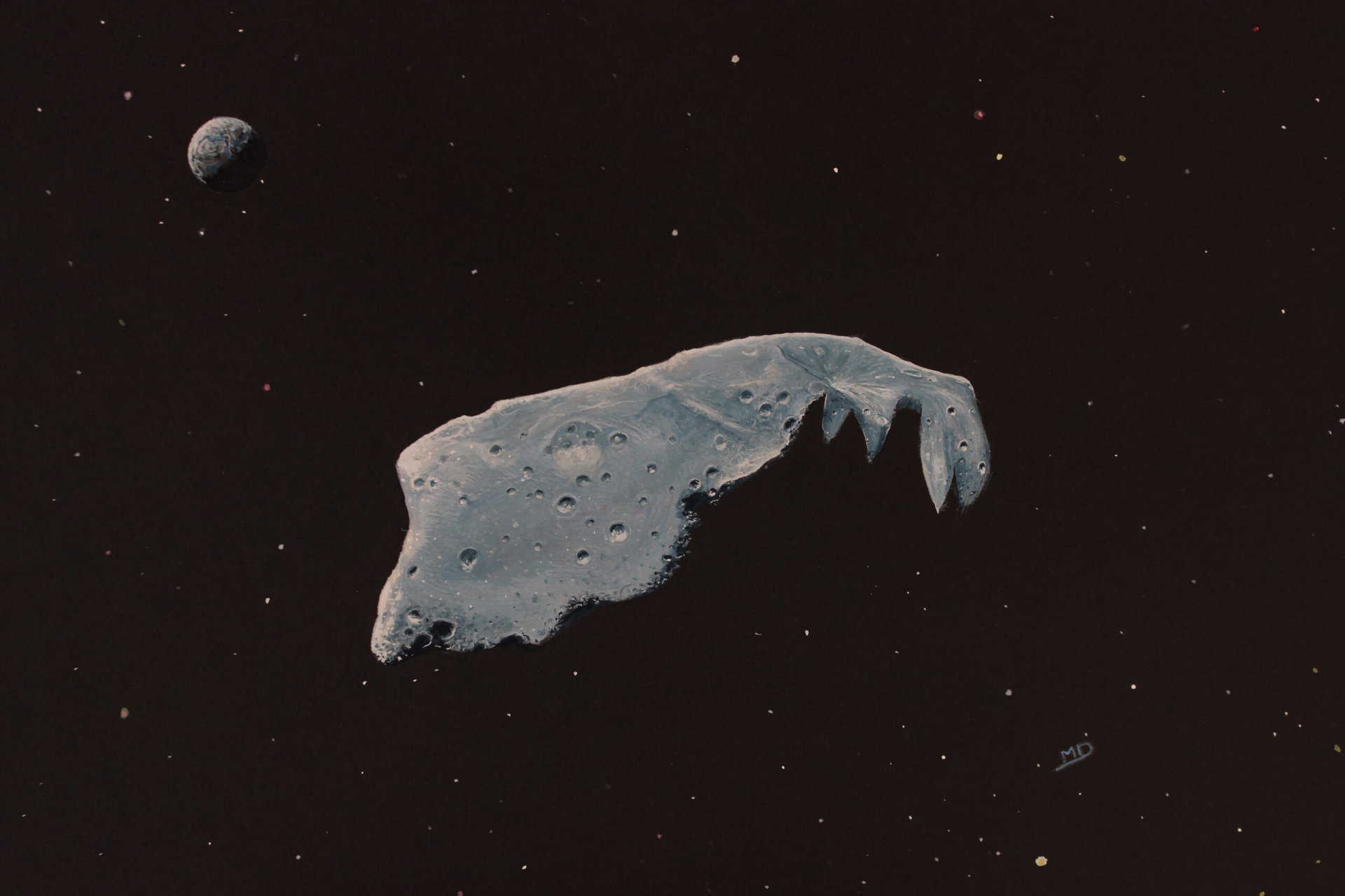 œuvre d'art, astronomie, gouache sur papier 27/39cm, david morel artiste, vue sur un astéroïde avec une planète dans le fond