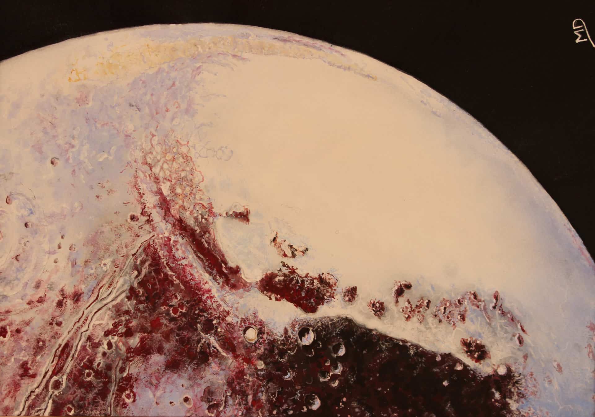 œuvre d'art, astronomie, gouache sur papier A4, david morel artiste, gros plan sur la planète Pluton