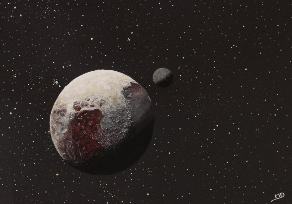 œuvre d'art, astronomie, gouache sur papier A4, david morel artiste, pluton et son satellite charon