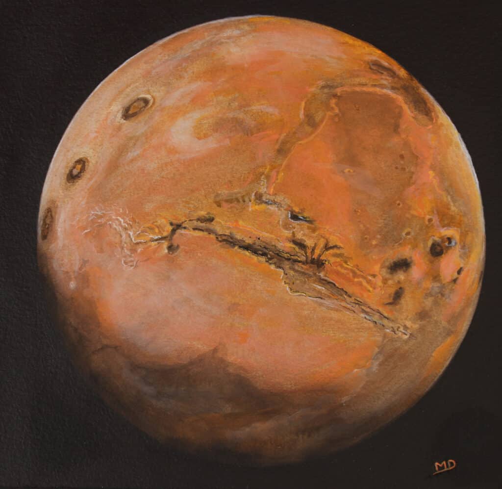œuvre d'art, astronomie, gouache sur papier 21/21cm, david morel artiste, planète mars
