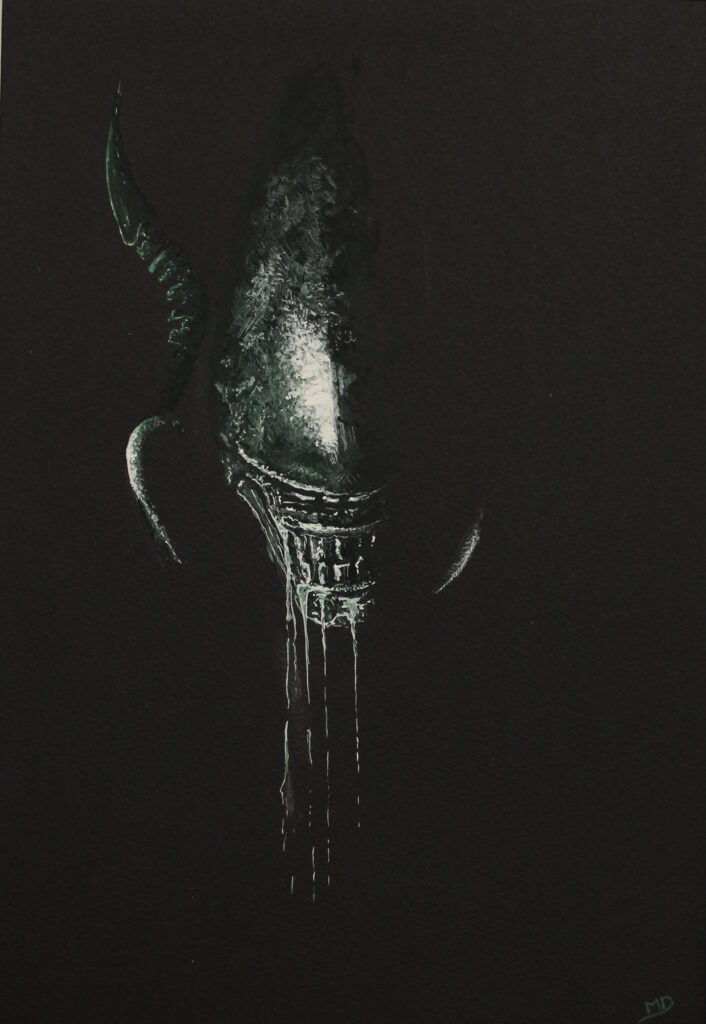 œuvre d'art, science-fiction, alien, gouache sur papier A4, david morel artiste, xénomorphe dans l'ombre sur papier noir