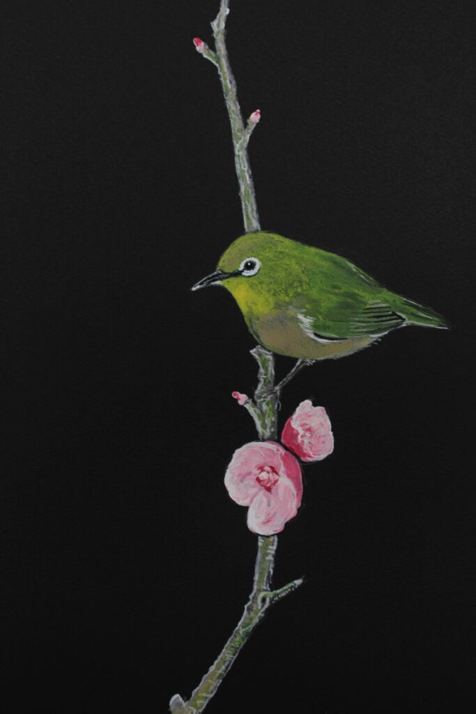 œuvre d'art, animalier, gouache sur papier A4, david morel artiste, oeil blanc indien sur une branche sur fond noir