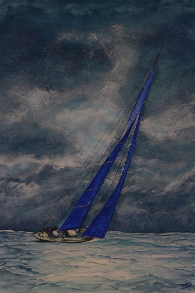 Oeuvre d'art, marine, gouache sur papier A3, david morel artiste, voilier dans la tempête avec des voiles bleus, peintre officiel de la marine, Marin Marie, Roger Chapelet, Dinan, peintre Dinan, peintre Dinard, peintre Staint Malo ,Morel David, davidmorelartiste.fr