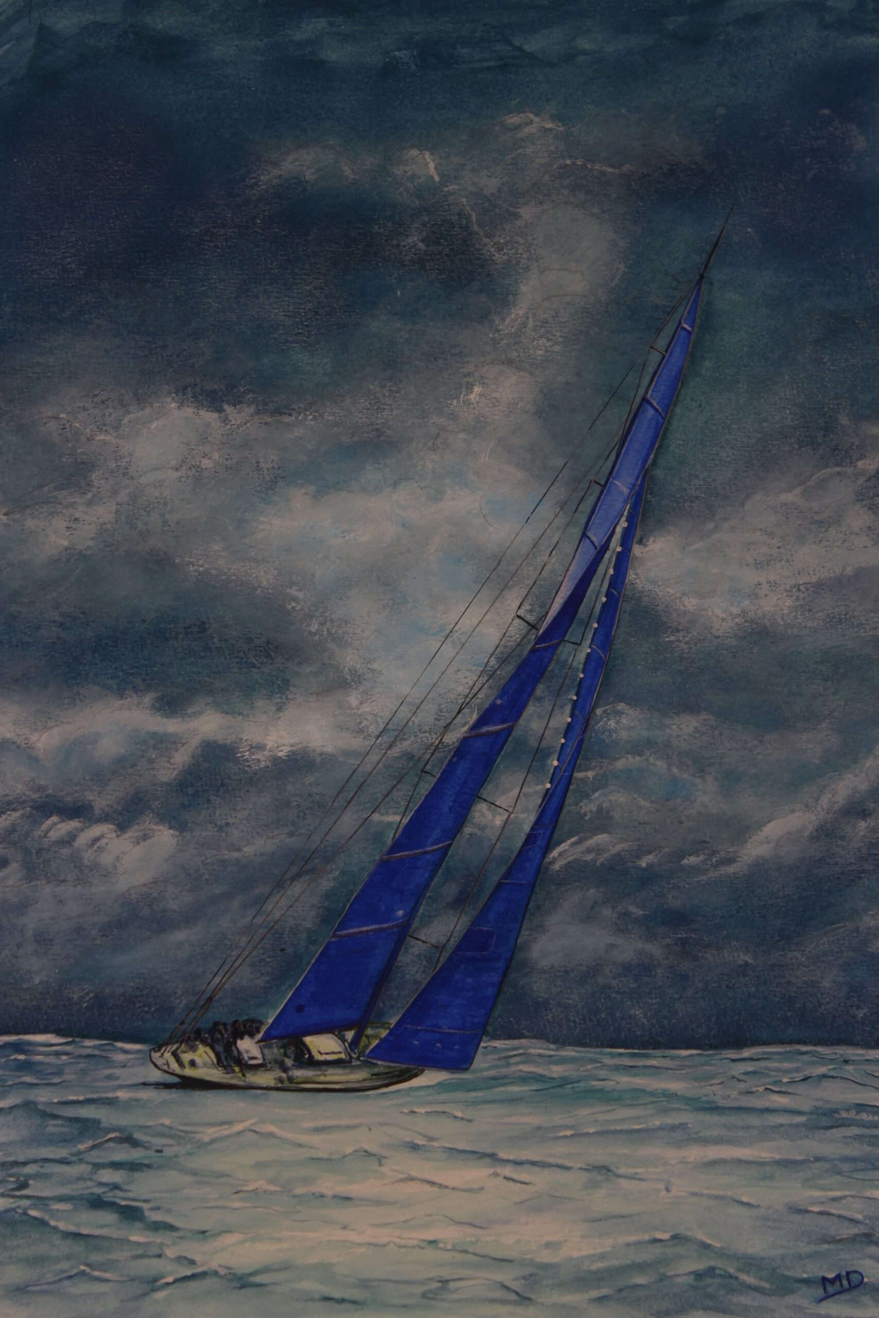 Oeuvre d'art, marine, gouache sur papier A3, david morel artiste, voilier dans la tempête avec des voiles bleus