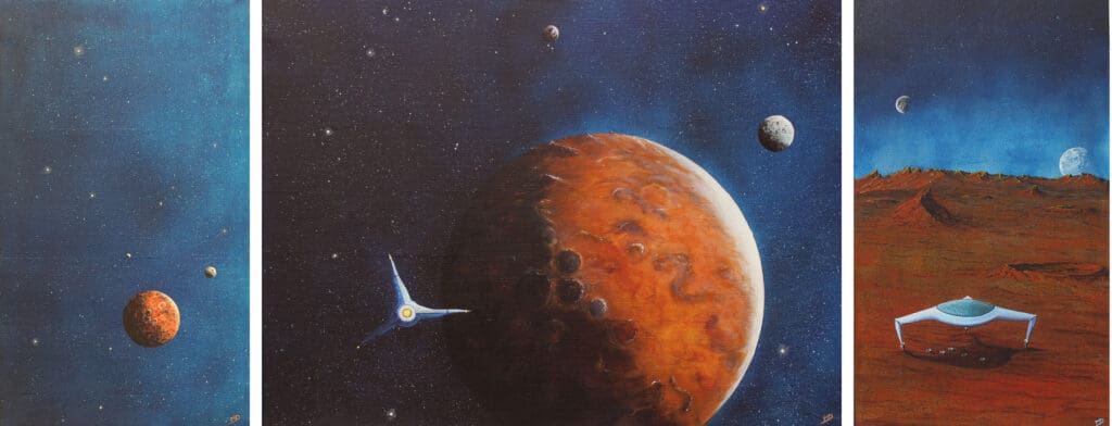 Œuvre d'art triptyque, science fiction, acrylique sur toile 116/46cm, david morel artiste, trois scènes qui décrit l'arrivée d'un vaisseau extraterrestre sur une planète rocheuse rouge