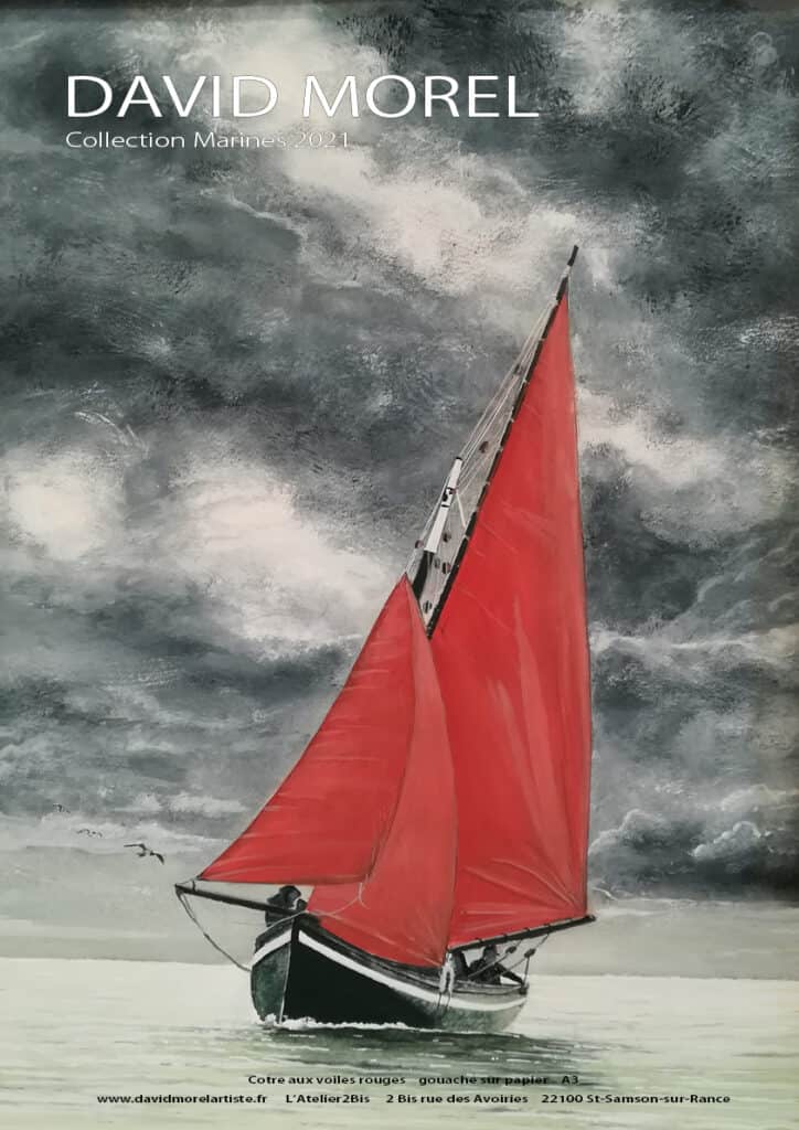 œuvre d'art, affiche format A3, marine, david morel artiste, cotre à voile rouge dans la tempète