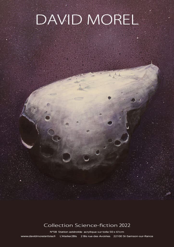 oeuvre d'art, affiche format A3, science-fiction, david morel artiste, astéroïde sur fond violet