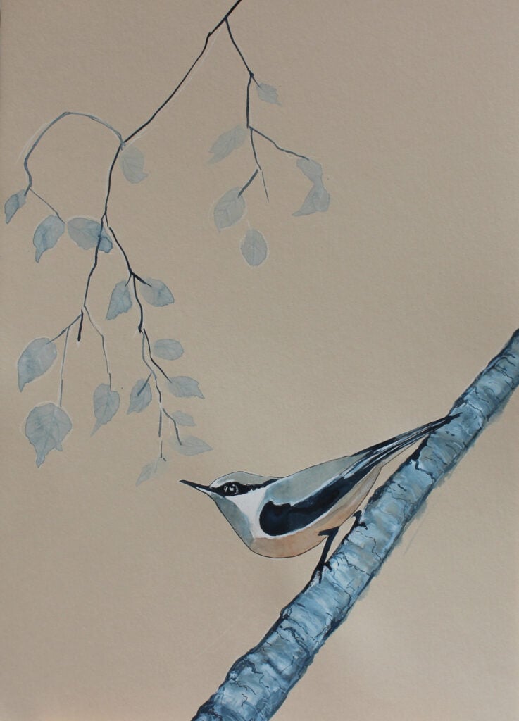 œuvre d'art, animalier, gouache sur papier A3, david morel artiste, oiseau sur une branche bleu