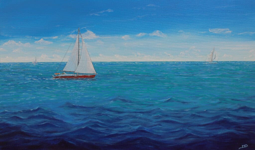 œuvre d'art, marine, peintre officiel de la marine, Marin Marie, Roger Chapelet, Dinan, peintre Dinan, peintre Dinard, peintre Staint Malo ,Morel David, gouache sur papier A3, davidmorelartiste.fr, festival Brest, voiliers sur l'océan pacifique sud, Affiche d'art