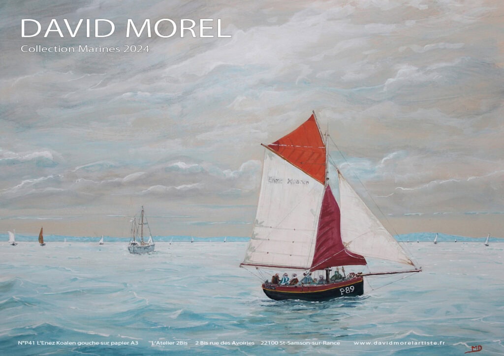œuvre d'art, marine, peintre officiel de la marine, Marin Marie, Roger Chapelet, Dinan, peintre Dinan, peintre Dinard, peintre Staint Malo ,Morel David, gouache sur papier A3, davidmorelartiste.fr, festival Brest, bateau homardier l'Enez Koalen, Affiche d'art