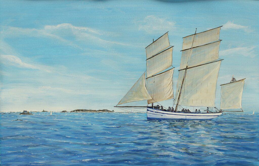 œuvre d'art, marine, peintre officiel de la marine, Marin Marie, Roger Chapelet, Dinan, peintre Dinan, peintre Dinard, peintre Staint Malo ,Morel David, davidmorelartiste.fr, gouache sur papier A3, , festival Brest, bateau la bisquine la Granvillaise, Affiche d'art